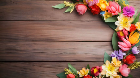 Colorful flowers arranged on a rustic wooden surface. Perfect for spring or summer designs.