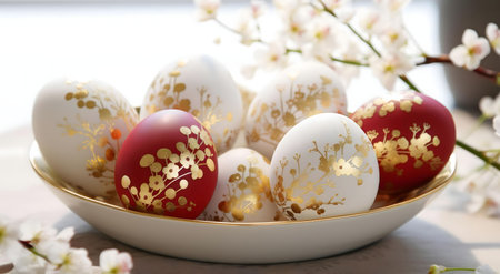 Close-up of ornate Easter eggs in a white bowl, decorated with gold floral patterns. A springtime...