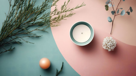 A calming image of a teal candle on a peach background, with natural elements.の写真素材