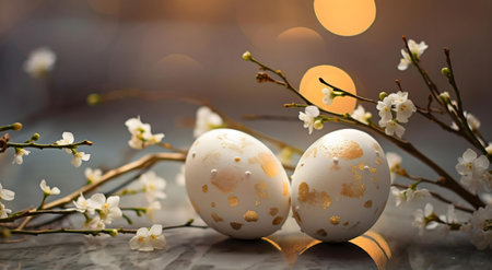 Two exquisite white Easter eggs adorned with gold accents rest amidst delicate spring blossoms. A...