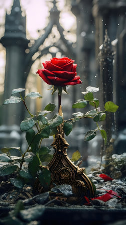 A solitary red rose stands elegantly in an ornate golden stand amidst a snowy gothic backdrop. Winter's touch adds to the enchanting scene.の写真素材