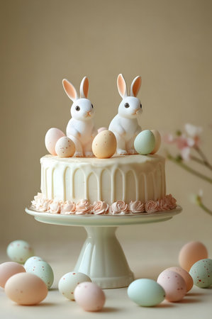 A delightful Easter cake adorned with charming bunny figurines and pastel-colored eggs.