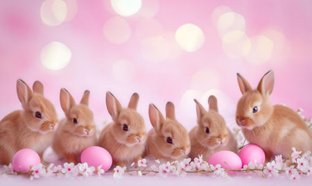 Five adorable baby bunnies surrounded by pink Easter eggs and delicate flowers. A perfect springtime image.の写真素材