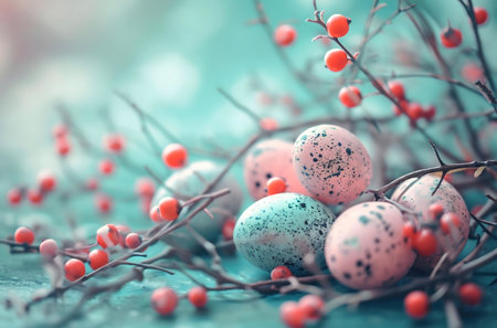 A springtime scene with pastel Easter eggs among red berries and branches.