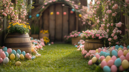 Pastel Easter eggs and flowers line a charming garden path. Perfect spring scene.