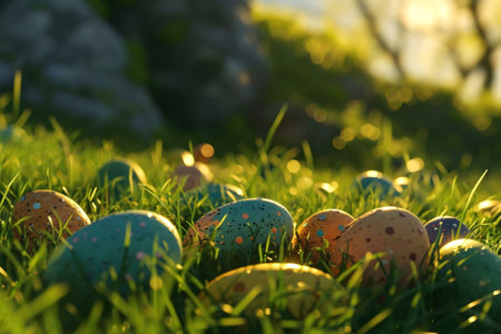 Colorful Easter eggs nestled in the vibrant green grass, bathed in warm sunlight. A perfect springtime scene.の写真素材