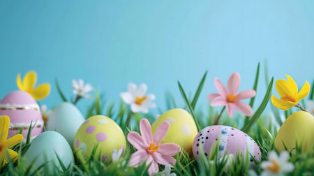 Easter eggs in grass with flowers