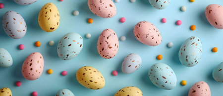 Pastel Easter eggs and candies on a light blue background. Festive spring holiday celebration.の写真素材