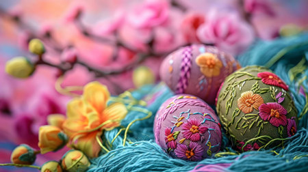 Close-up of three intricately embroidered Easter eggs in a nest of teal yarn, surrounded by spring...