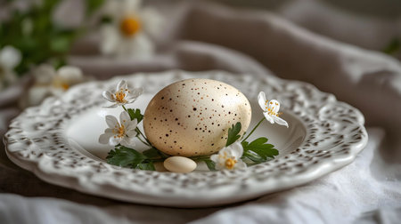 A speckled Easter egg rests on a white plate, adorned with delicate spring flowers. A serene and...