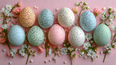 Eight pastel colored Easter eggs decorated with small white flowers on a pink background.