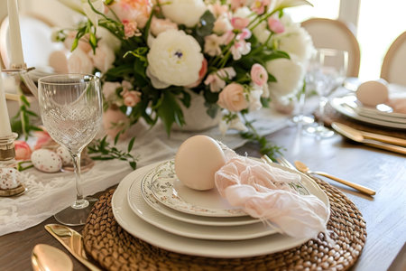 A beautifully set Easter table featuring pastel colors, a stunning floral centerpiece, and delicate...