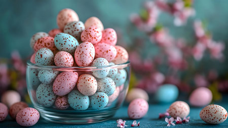 A glass bowl filled with pastel-colored Easter eggs. Spring blossoms in the background.