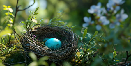 A tranquil image of a bird's nest nestled amidst vibrant springtime foliage, showcasing two uniquely...