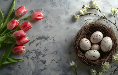 Pink tulips and speckled Easter eggs in a bird's nest on a gray background. A spring holiday still life.の写真素材