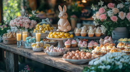 A rustic wooden table laden with Easter treats: cupcakes, chocolate eggs, lemons, and a chocolate...