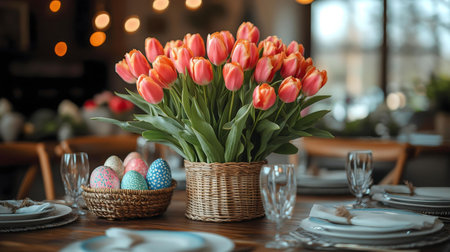 A beautifully decorated Easter table setting with a vase of orange tulips and a basket of decorated eggs.の写真素材