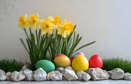 Colorful Easter eggs nestled amongst vibrant daffodils and decorative rocks.