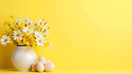 A cheerful Easter still life featuring a bouquet of daisies and eggs against a yellow backdrop.の写真素材
