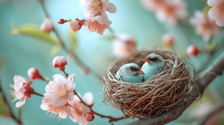 Two tiny baby birds nestled in their nest amidst blooming peach blossoms. A tranquil springtime...
