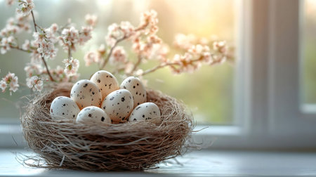 A bird's nest filled with speckled eggs sits on a windowsill next to a blooming branch. Soft sunlight illuminates the scene.の写真素材