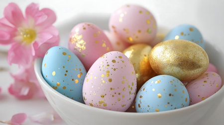 Close-up of pastel-colored Easter eggs decorated with gold specks in a white bowl, next to pink flowers.の写真素材