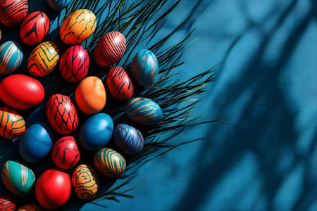 A vibrant collection of painted Easter eggs arranged on a teal background with shadows and grass.の写真素材