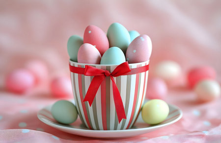 A charming cup filled with pastel-colored Easter eggs, adorned with a red ribbon. A delightful springtime scene.の写真素材
