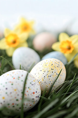 Close-up of colorful Easter eggs nestled in green grass, surrounded by bright yellow daffodils.の写真素材
