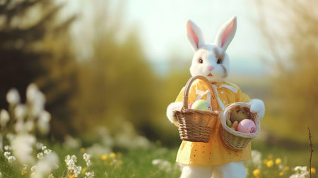 A charming Easter bunny holding baskets of colorful eggs in a vibrant spring meadow.