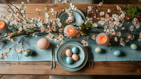 A beautiful Easter table setting with pastel-colored eggs and blooming branches.