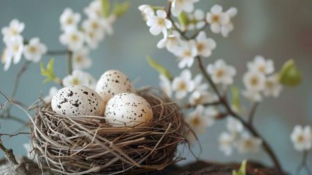 Speckled eggs in a nest, springtime scene.