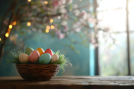 Pastel Easter eggs in a wicker basket, spring setting