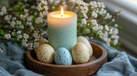 Pastel Easter eggs surround a gentle teal candle, nestled amongst blooming branches. A serene spring scene.の写真素材