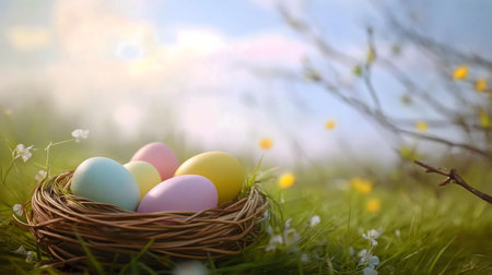 Pastel Easter eggs in a bird's nest, nestled in a vibrant spring meadow, symbolize renewal and joy.