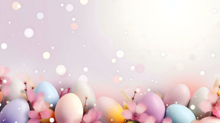 Pastel-colored Easter eggs nestled amongst delicate pink blossoms. A cheerful springtime scene...