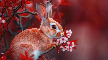 A charming ginger bunny sits on a branch, surrounded by vibrant red blossoms. A delightful scene of nature's beautyの写真素材