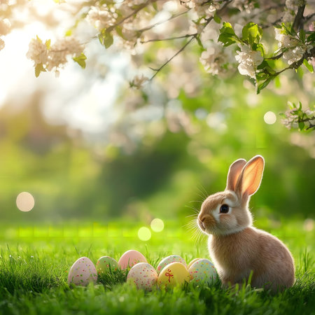 A charming Easter bunny sits amidst vibrant spring blossoms and colorful Easter eggs. A perfect...