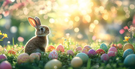 A charming Easter bunny sits amidst a collection of vibrantly colored eggs in a sun-drenched spring...