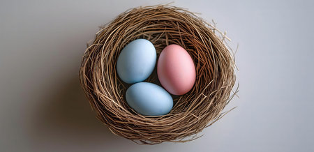 Three pastel-colored eggs rest gently in a bird's nest. Soft, peaceful springtime scene.