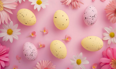 Pastel colored Easter eggs surrounded by pink and white flowers. A festive spring arrangement.の写真素材