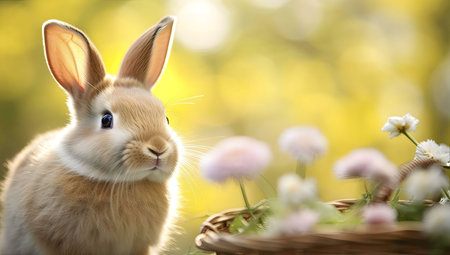 A cute bunny rabbit in a spring meadow with flowers. Perfect Easter image.の写真素材