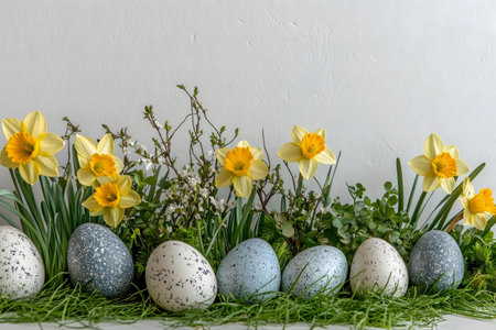 Pastel Easter eggs nestled amongst blooming daffodils and fresh greenery, creating a cheerful spring...