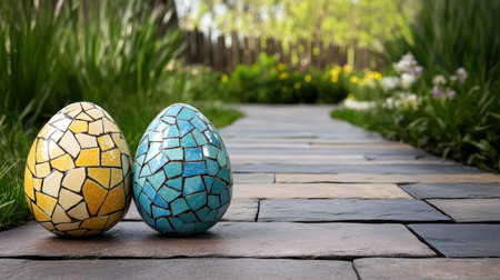 Two mosaic Easter eggs sit on a garden stone path. Bright, colorful, and artistic.