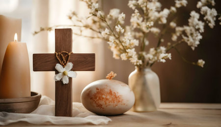 A wooden cross adorned with a delicate flower, sits alongside a painted Easter egg and lit candles,...