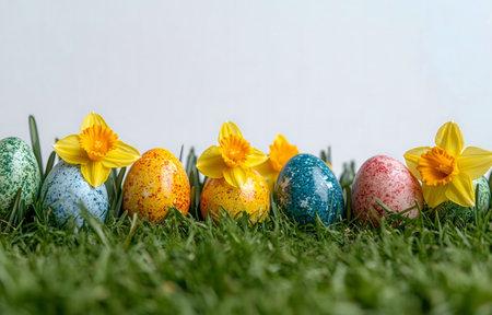 Speckled Easter eggs nestled amongst vibrant daffodils in lush green grass. A joyful spring scene.の写真素材