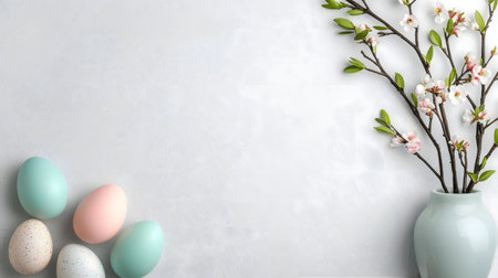Pastel colored Easter eggs arranged with delicate spring blossoms in a vase. A simple, elegant springtime scene.の写真素材