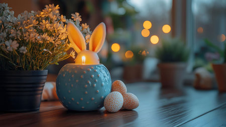 A delightful Easter scene with a bunny candle holder, decorated eggs, and flowers. Perfect for...