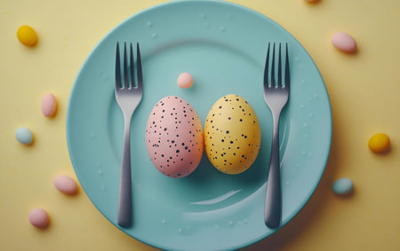 A delightful Easter table setting with pastel eggs on a plate and cutlery. Perfect for spring celebrations.の写真素材