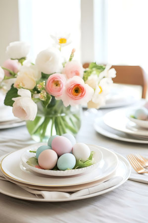 A pastel Easter table setting featuring delicate eggs and a stunning ranunculus floral arrangement.
